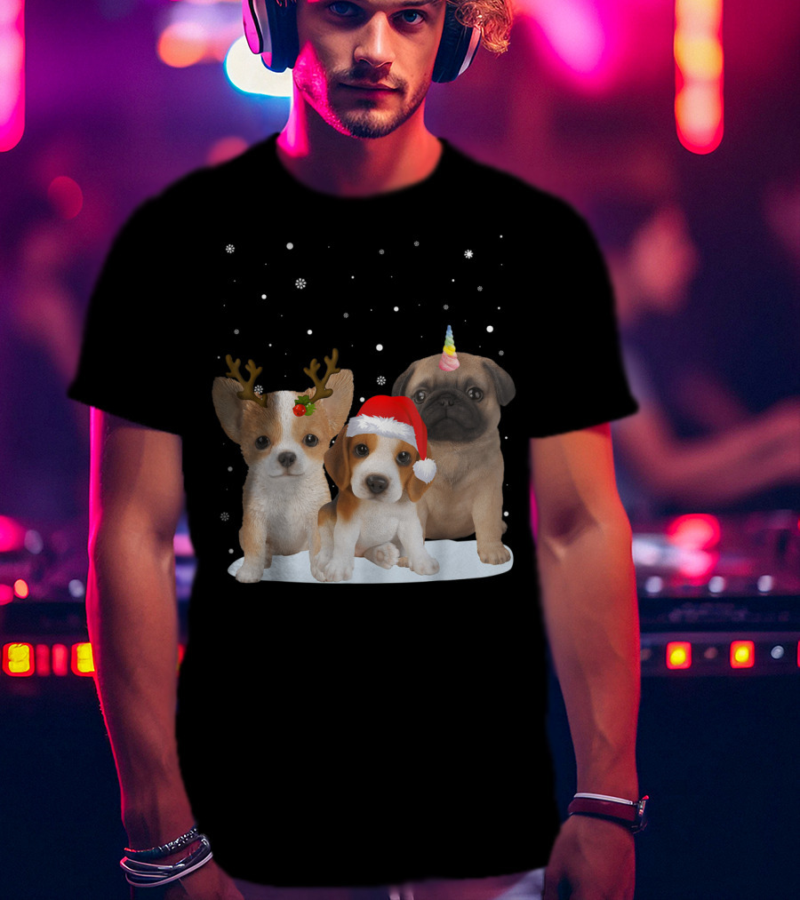 Cute Dogs Reindeer Horns Santa Hat Unicorn Snowflakes T-Shirt