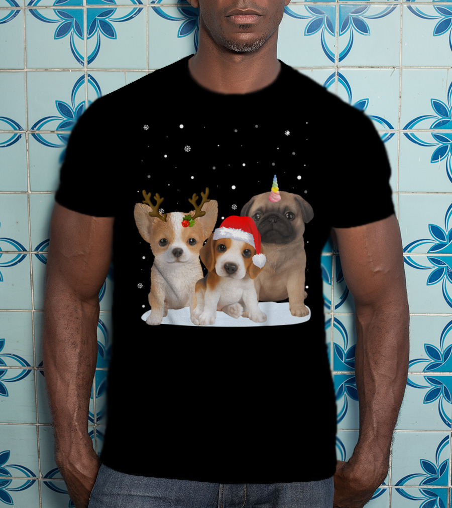 Cute Dogs Reindeer Horns Santa Hat Unicorn Snowflakes T-Shirt