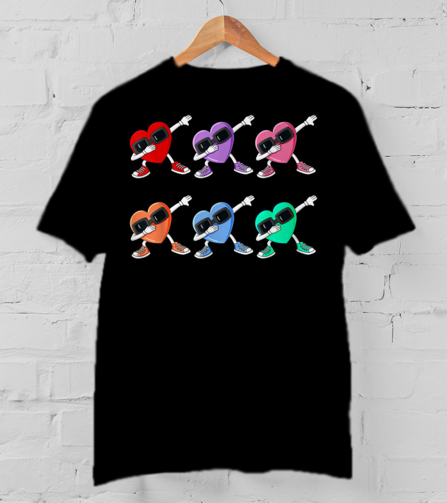 Dabbing Hearts Valentines Day Funny Boys Girl Cool Sunglasses Dance Moves T-Shirt