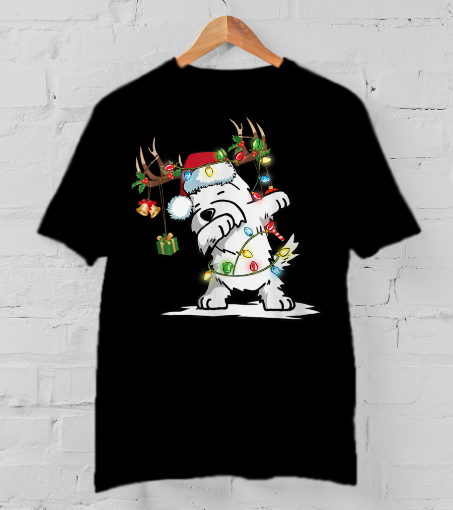 Dabbing Westie Dog Reindeer Lights Santa Hat Christmas Gifts T-Shirt