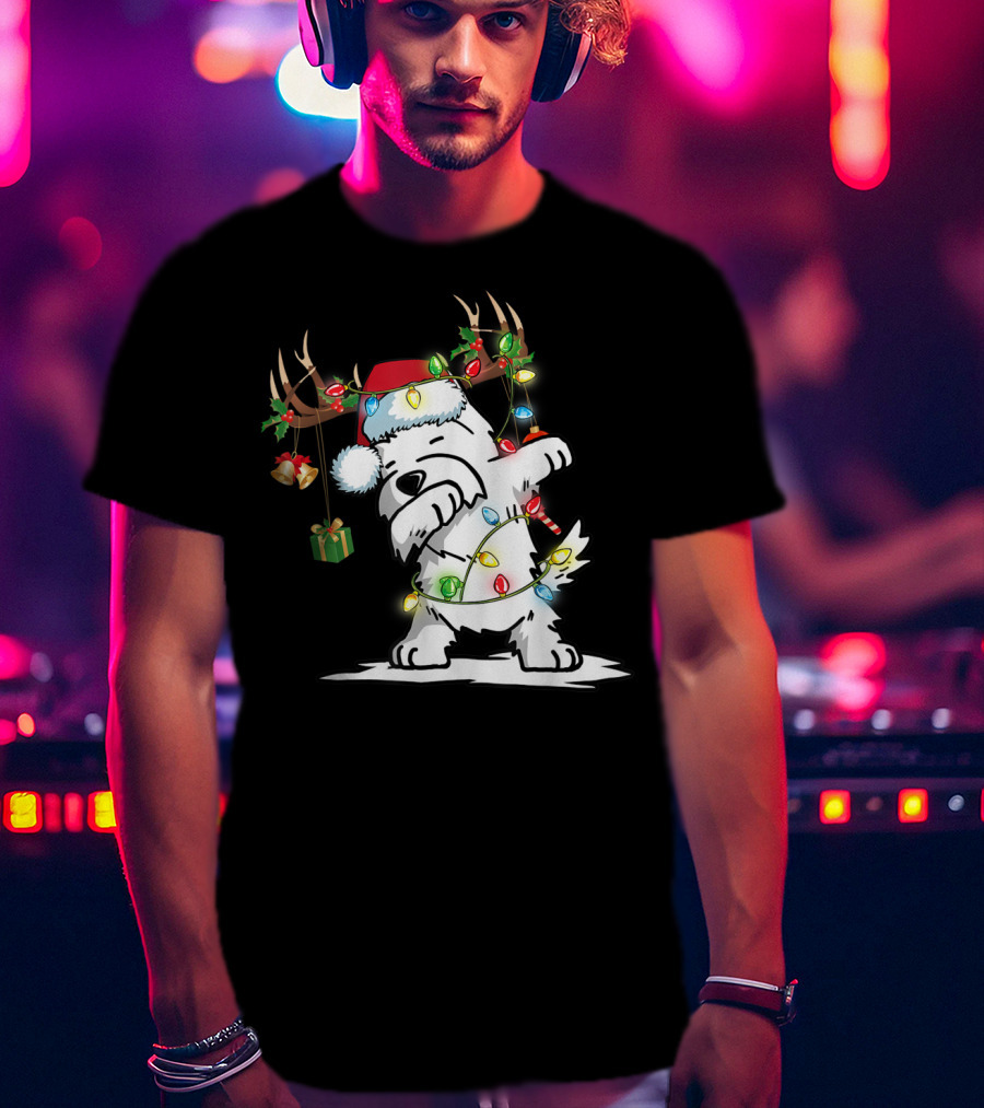 Dabbing Westie Dog Reindeer Lights Santa Hat Christmas Gifts T-Shirt