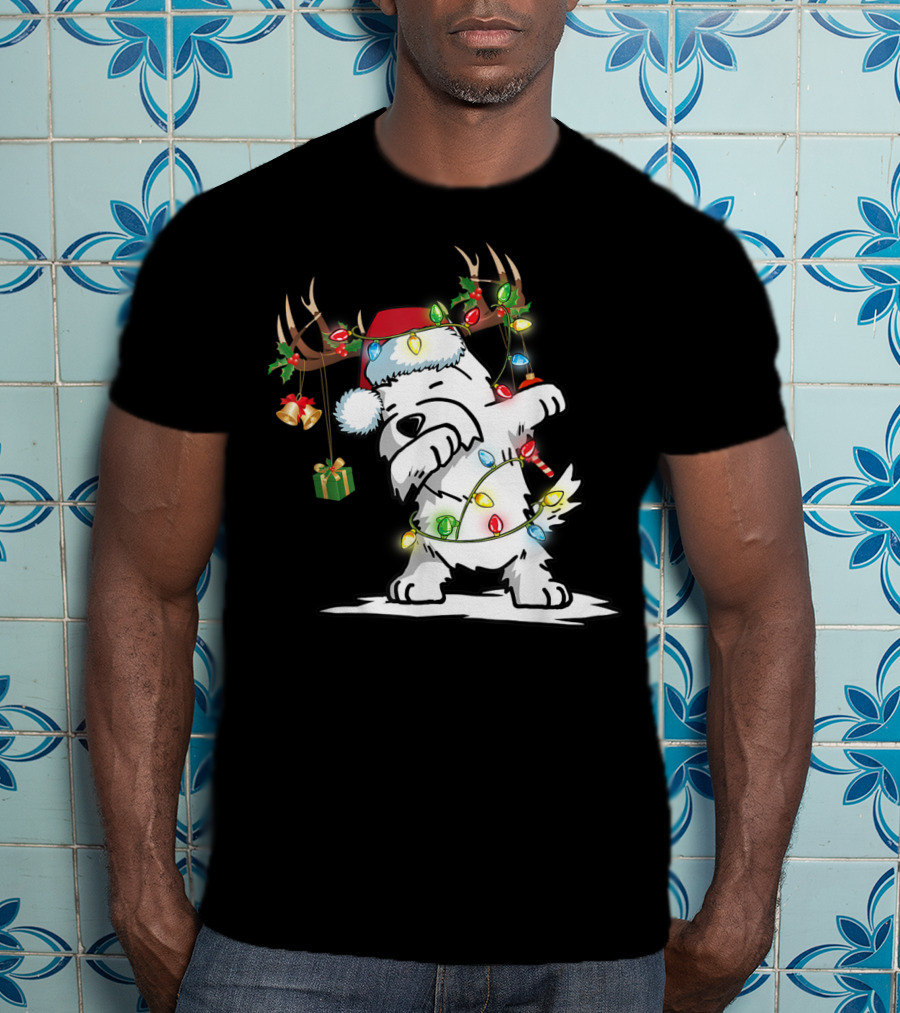 Dabbing Westie Dog Reindeer Lights Santa Hat Christmas Gifts T-Shirt