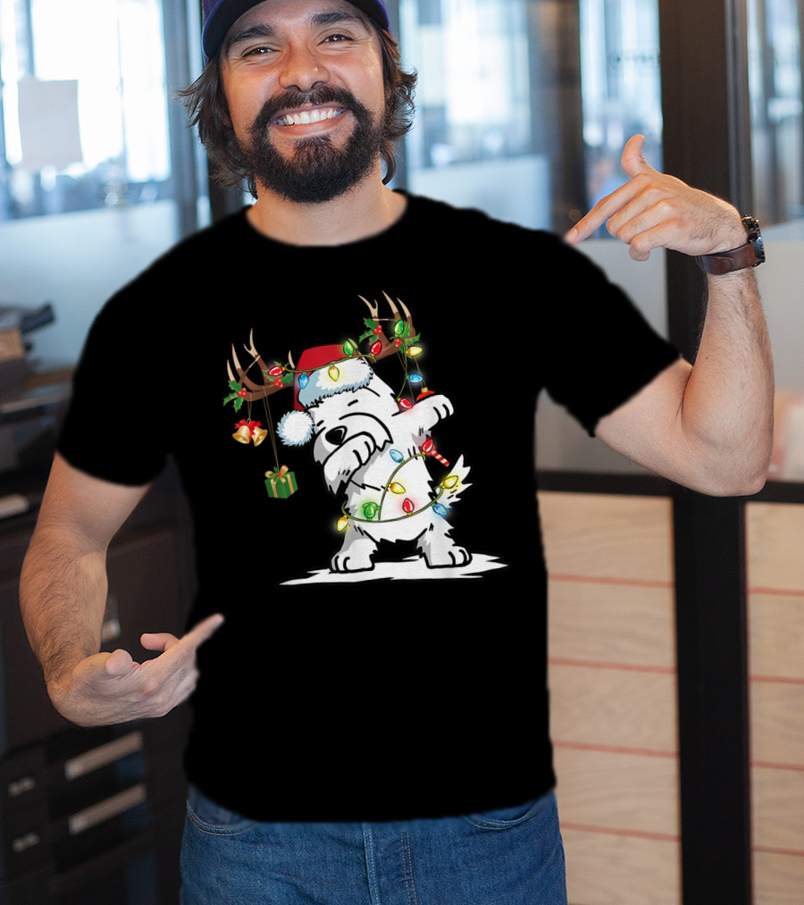 Dabbing Westie Dog Reindeer Lights Santa Hat Christmas Gifts T-Shirt