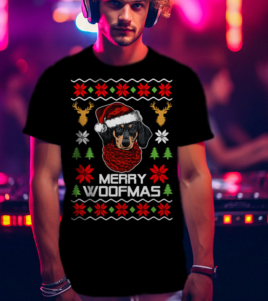 Merry Woofmas Dachshund Santa Hat Christmas Reindeer Snowflakes Trees T-Shirt