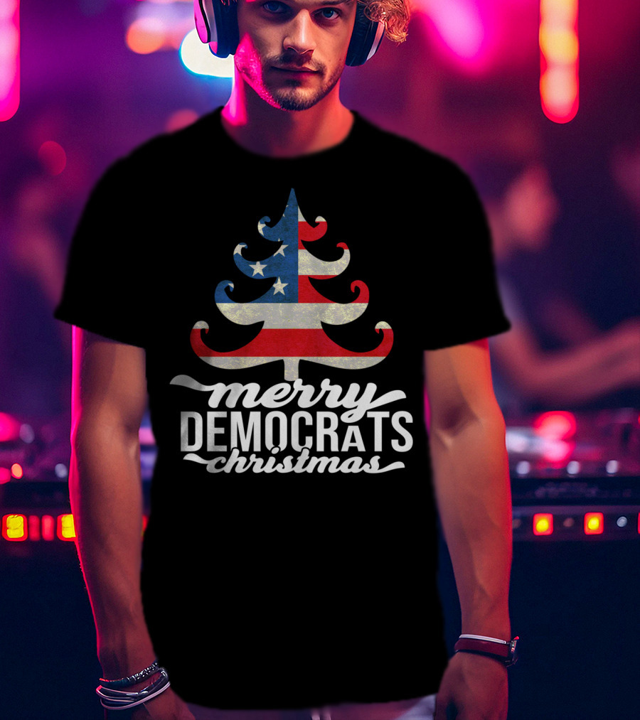 Merry Christmas Democrats Patriotic Tree USA Flag Stars T-Shirt