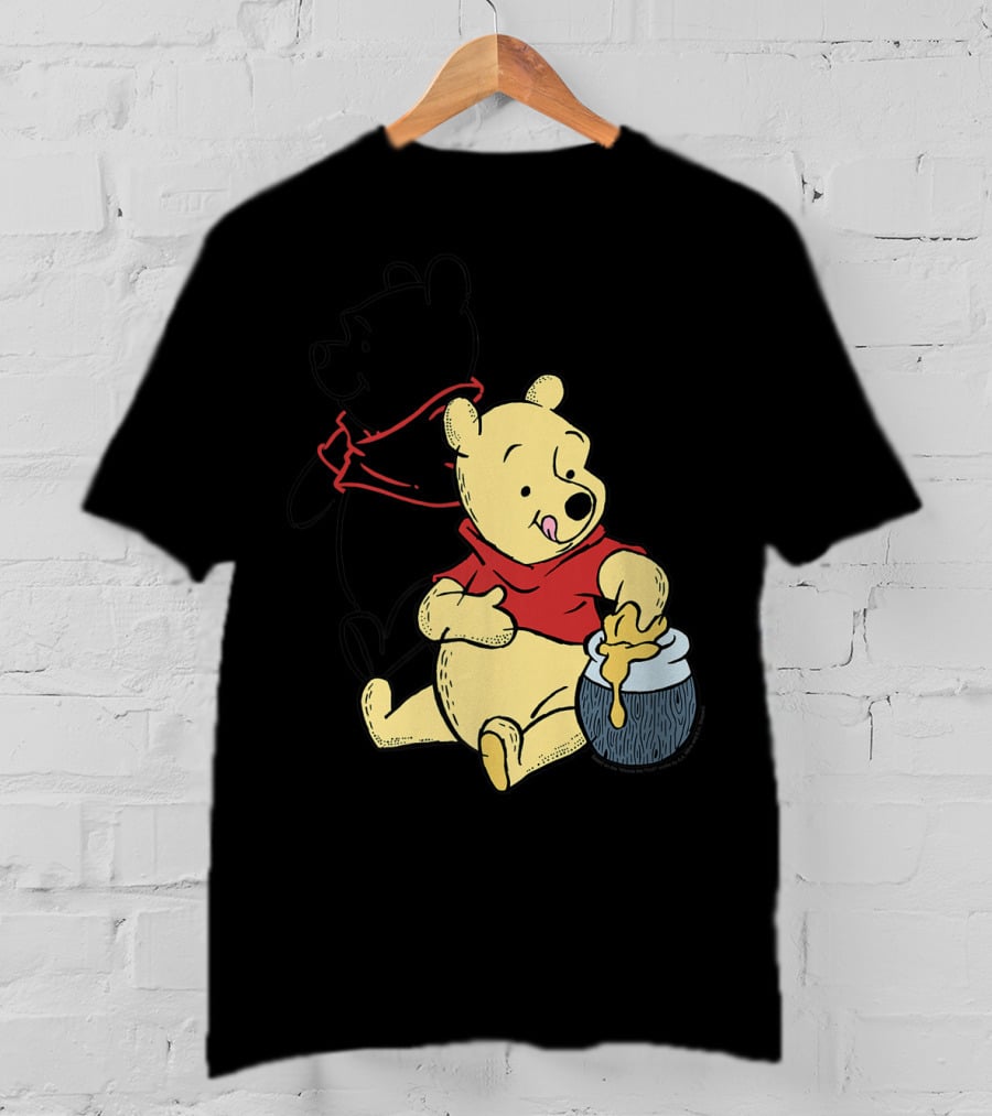Disney Winnie The Pooh Outline And Colored Character Sitting With Honey Jar T-Shirt