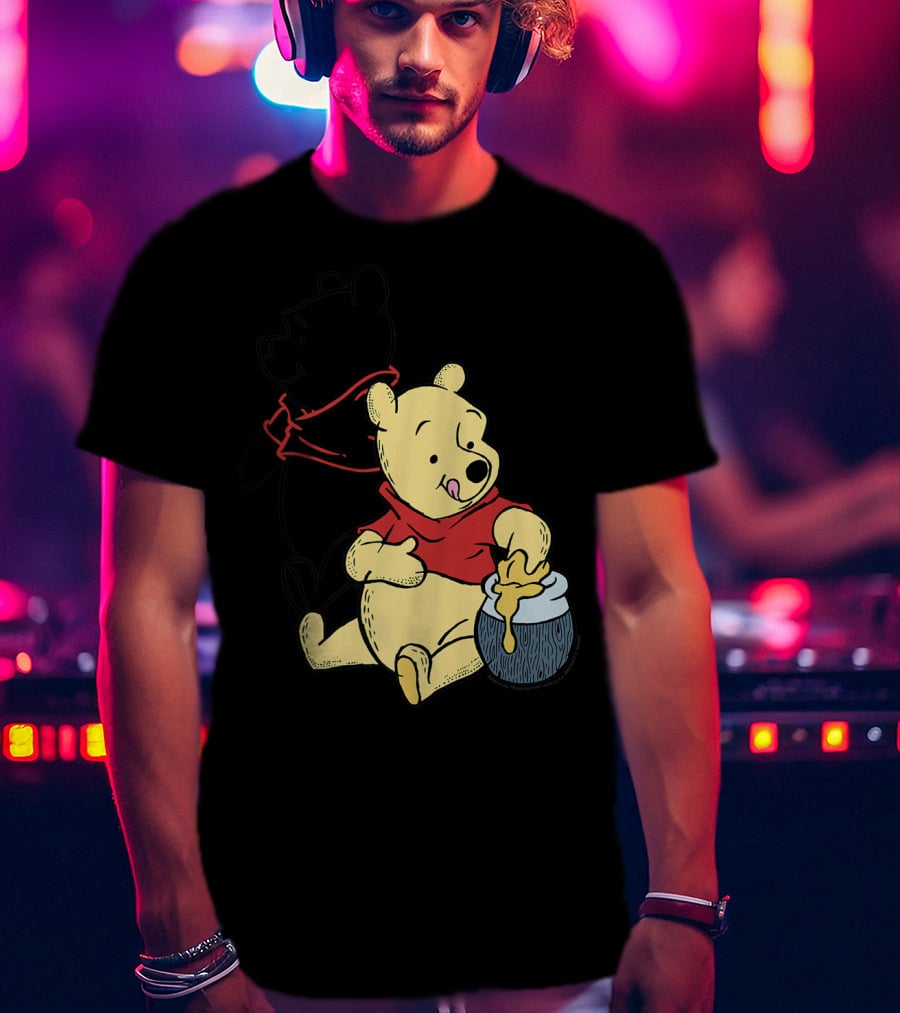 Disney Winnie The Pooh Outline And Colored Character Sitting With Honey Jar T-Shirt