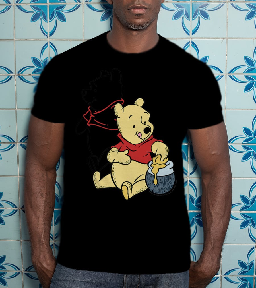 Disney Winnie The Pooh Outline And Colored Character Sitting With Honey Jar T-Shirt