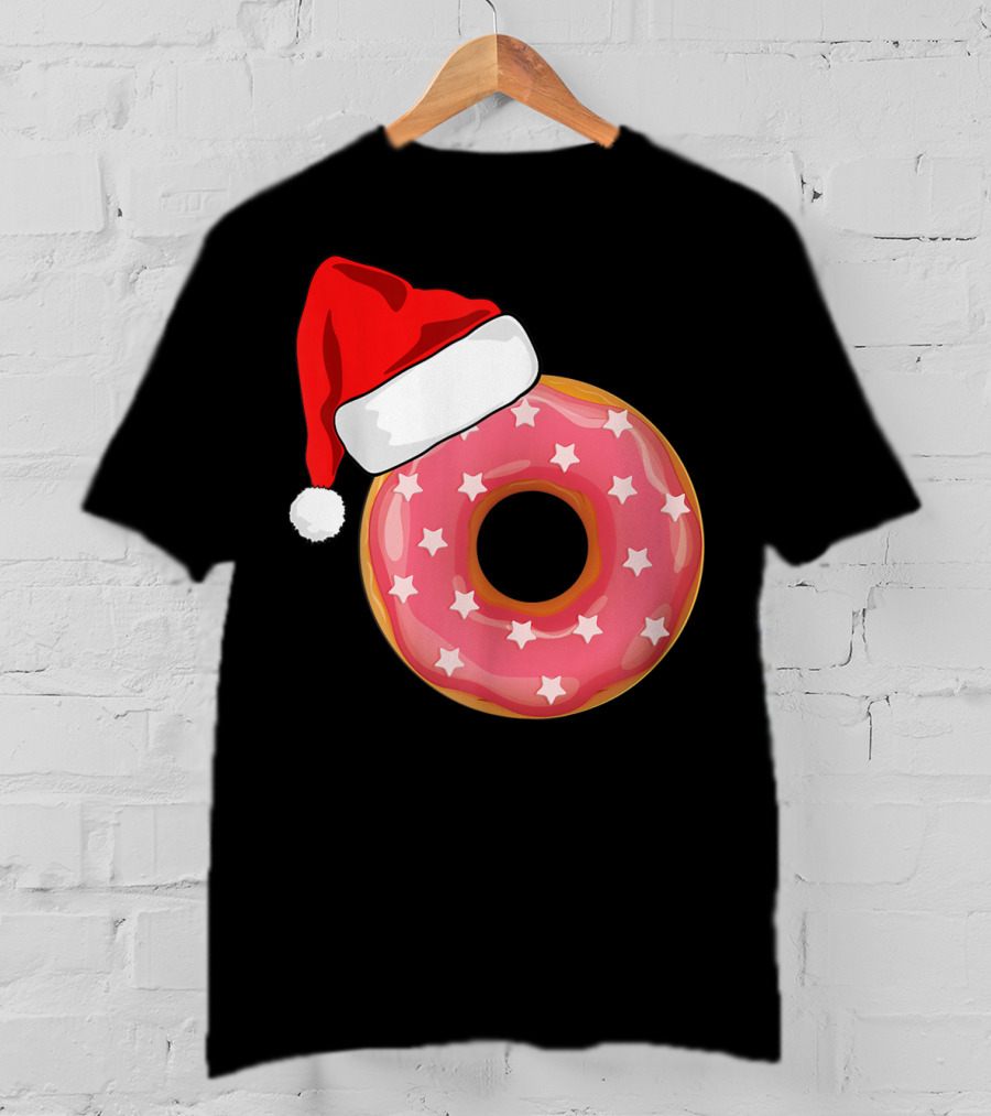 Santa Hat On Pink Strawberry Donut With Stars T-Shirt