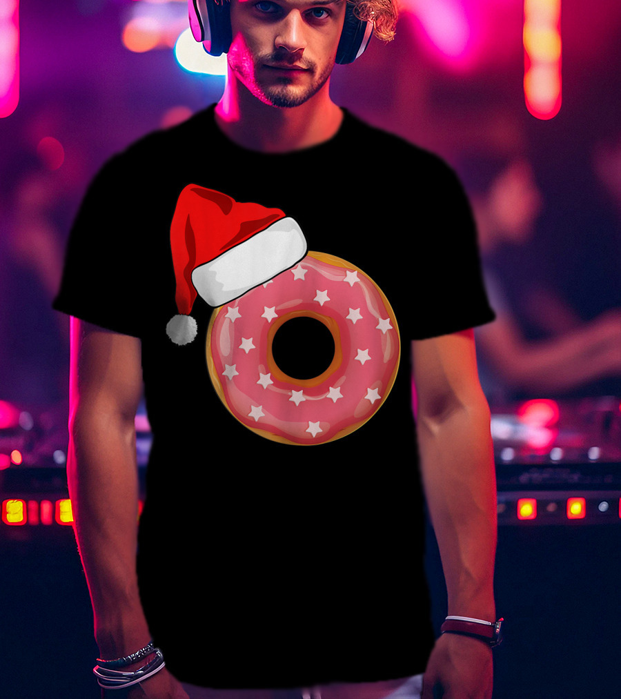 Santa Hat On Pink Strawberry Donut With Stars T-Shirt