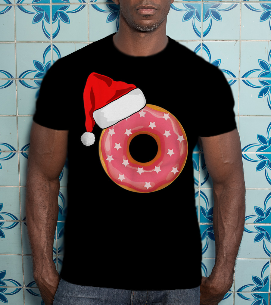 Santa Hat On Pink Strawberry Donut With Stars T-Shirt