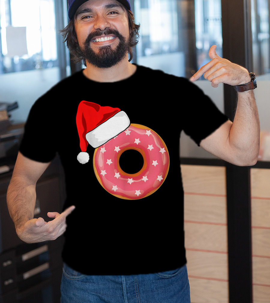 Santa Hat On Pink Strawberry Donut With Stars T-Shirt