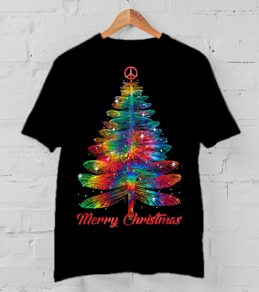 Merry Christmas Dragonfly Peace Sign Christmas Tree T-Shirt