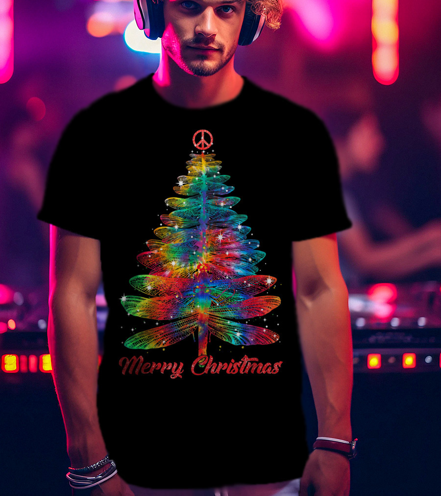 Merry Christmas Dragonfly Peace Sign Christmas Tree T-Shirt
