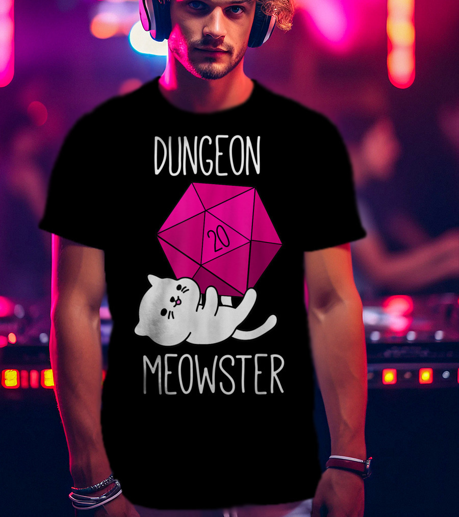 Dungeon Meowster Funny Nerdy Cat D20 Dice T-Shirt