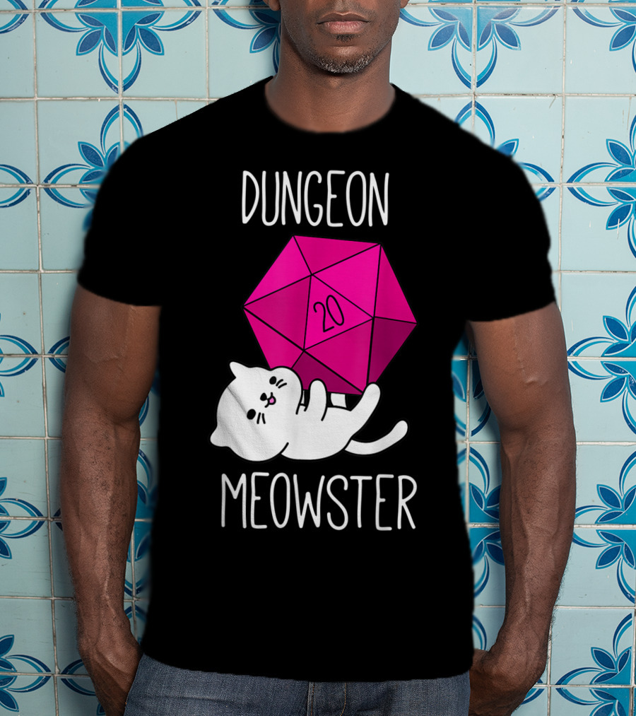 Dungeon Meowster Funny Nerdy Cat D20 Dice T-Shirt