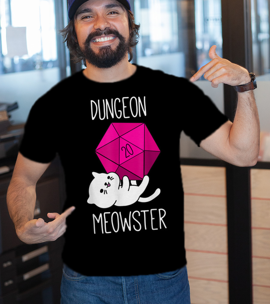Dungeon Meowster Funny Nerdy Cat D20 Dice T-Shirt