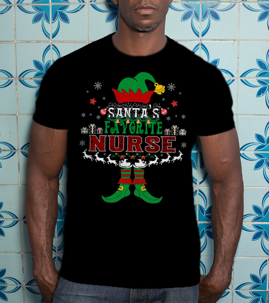 Santa's Favorite Nurse Elf Xmas Gifts Reindeer Bells Snowflakes T-Shirt