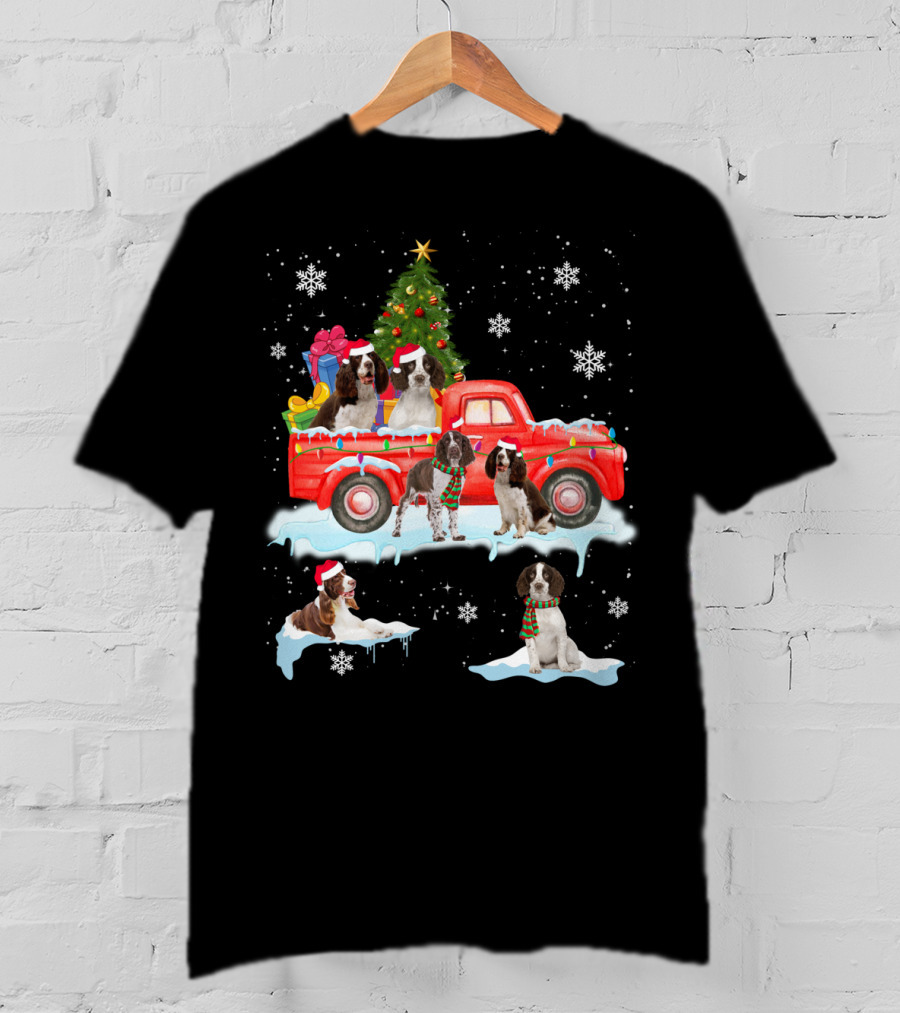 English Springer Spaniel Christmas Scene With Santa Hats On Red Truck And Snowflakes T-Shirt