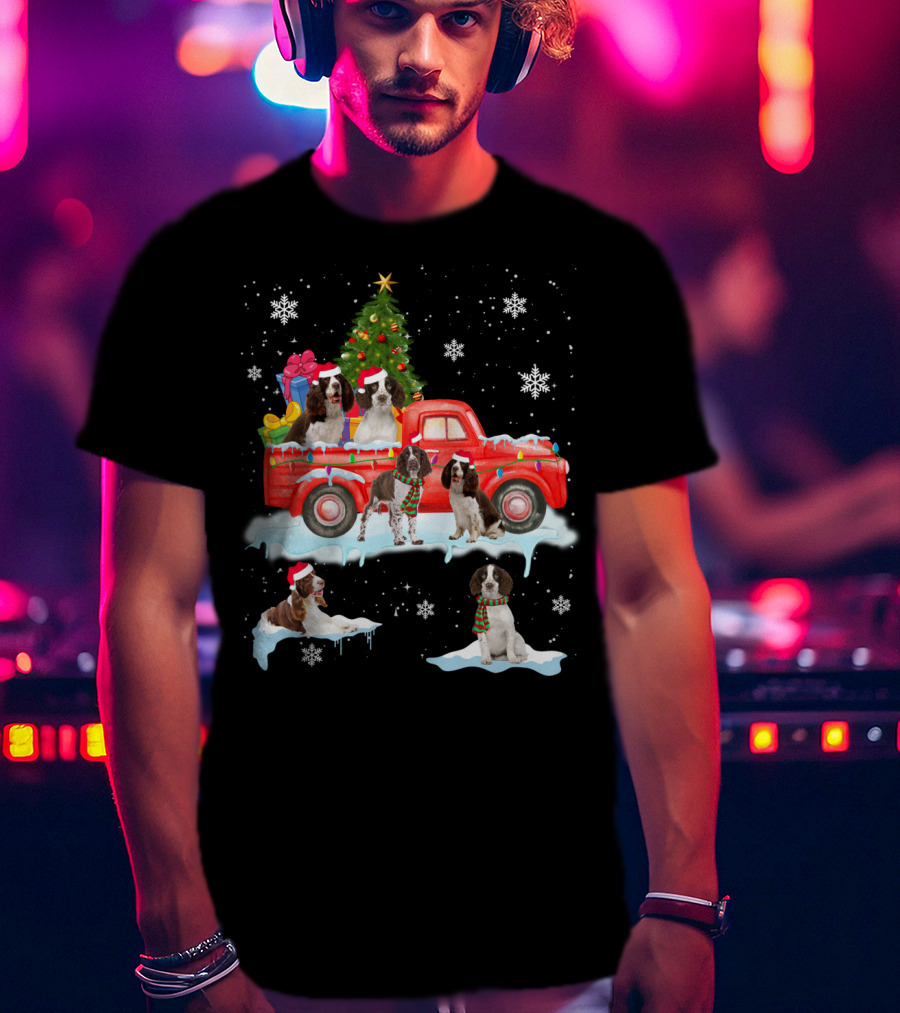 English Springer Spaniel Christmas Scene With Santa Hats On Red Truck And Snowflakes T-Shirt