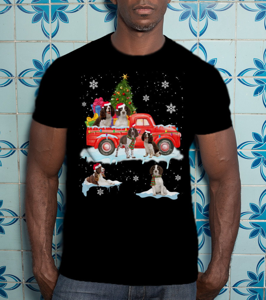 English Springer Spaniel Christmas Scene With Santa Hats On Red Truck And Snowflakes T-Shirt