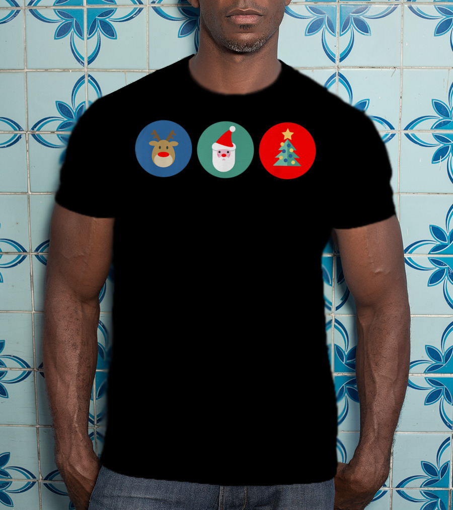 Festive Bright Colorful Reindeer Santa Tree Christmas Icons T-Shirt