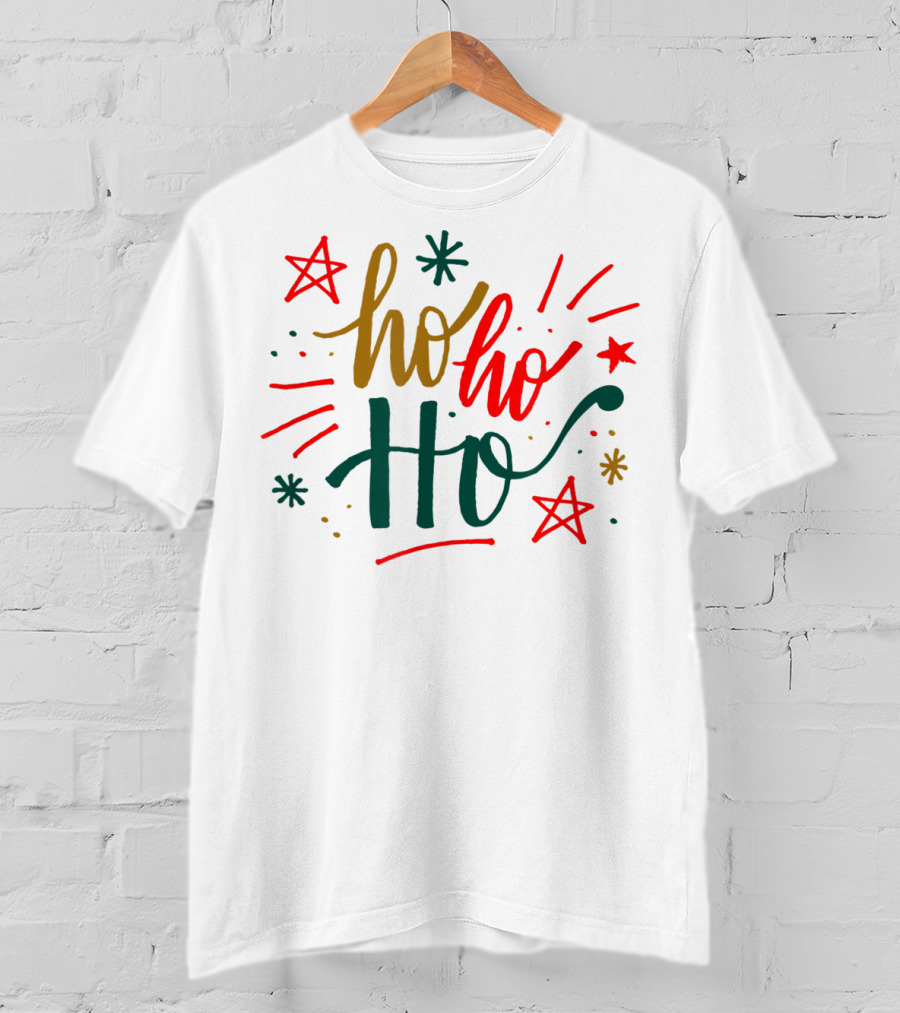 Festive Bright Red And Green Christmas Ho Ho Ho Stars T-Shirt