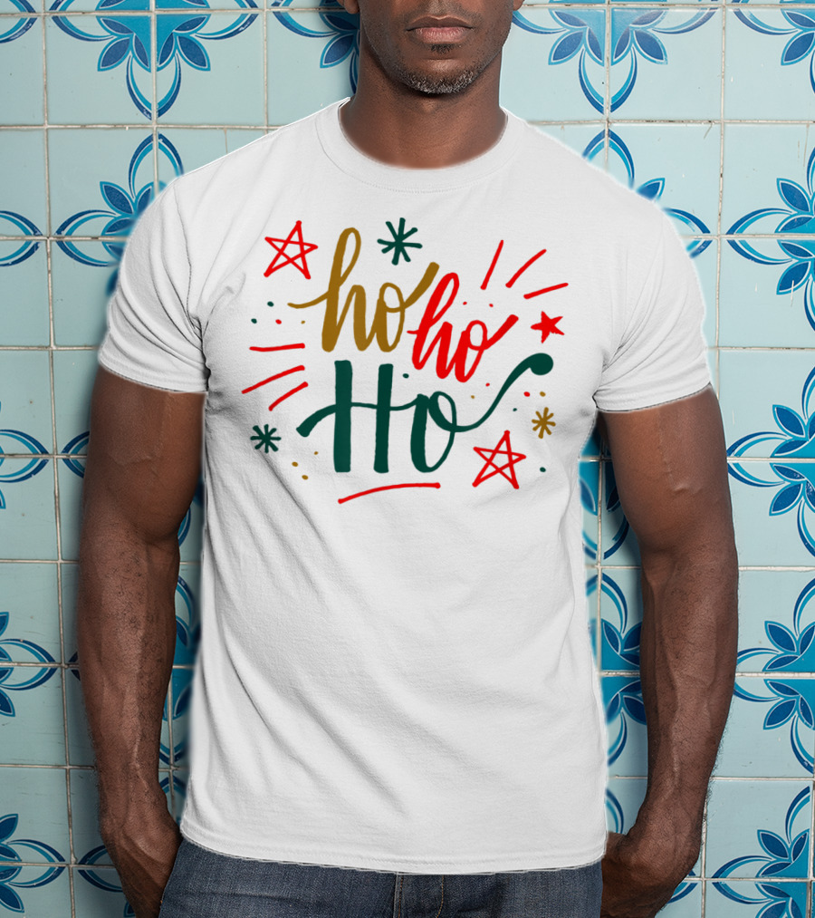 Festive Bright Red And Green Christmas Ho Ho Ho Stars T-Shirt