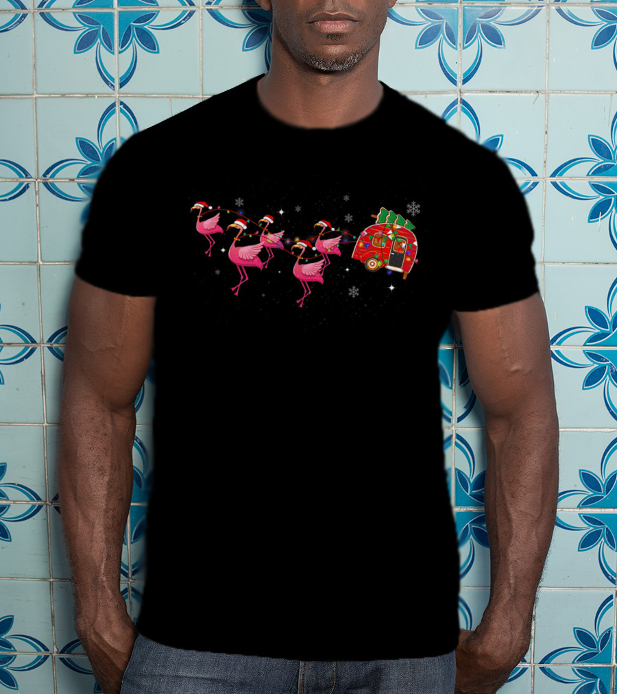Flamingo Camper Santa Hat Christmas Glamping With Snowflakes T-Shirt