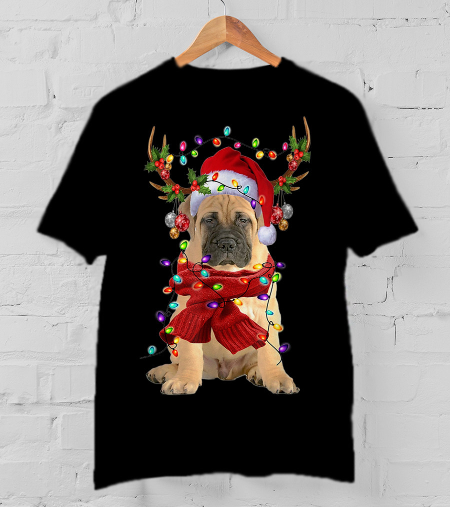 Festive Bull Mastiff Reindeer Lights Christmas Dog T-Shirt