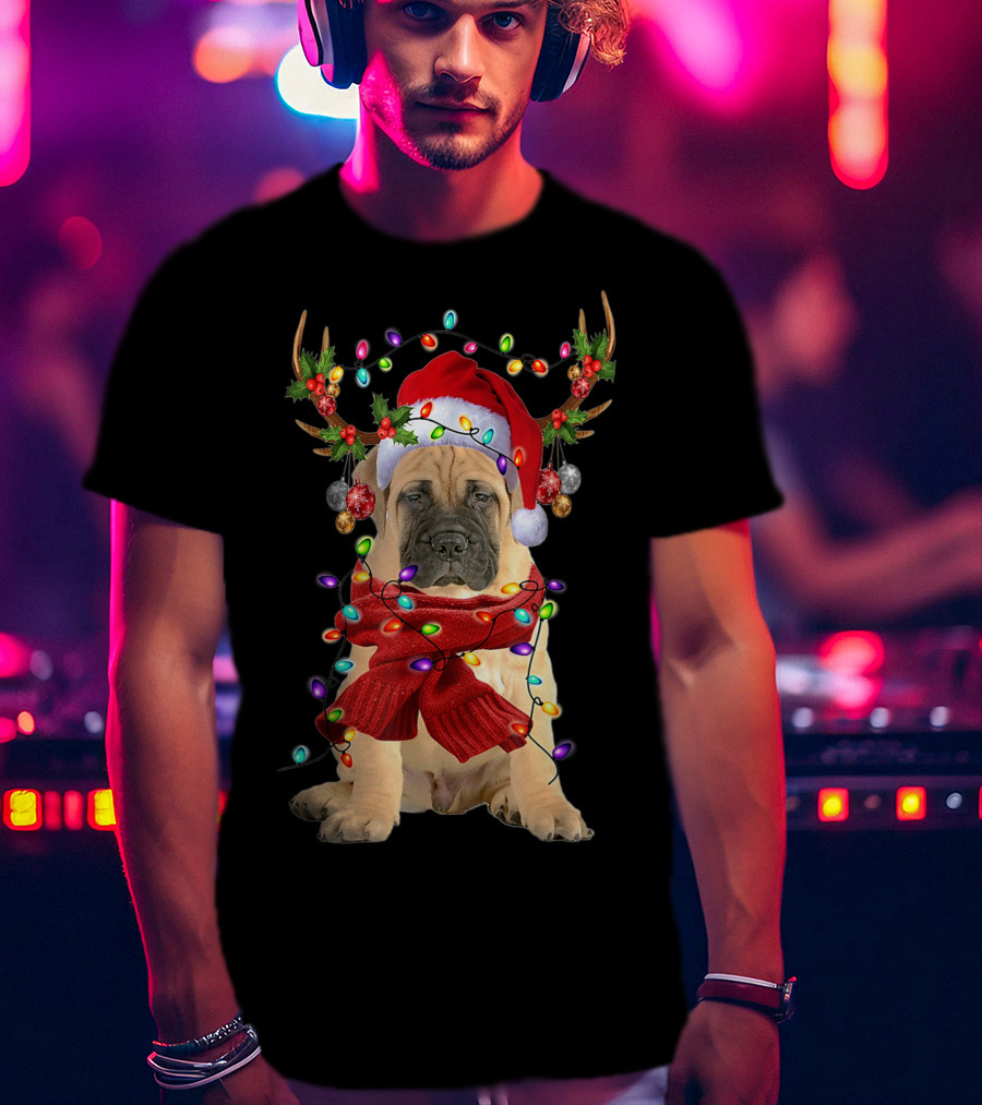 Festive Bull Mastiff Reindeer Lights Christmas Dog T-Shirt
