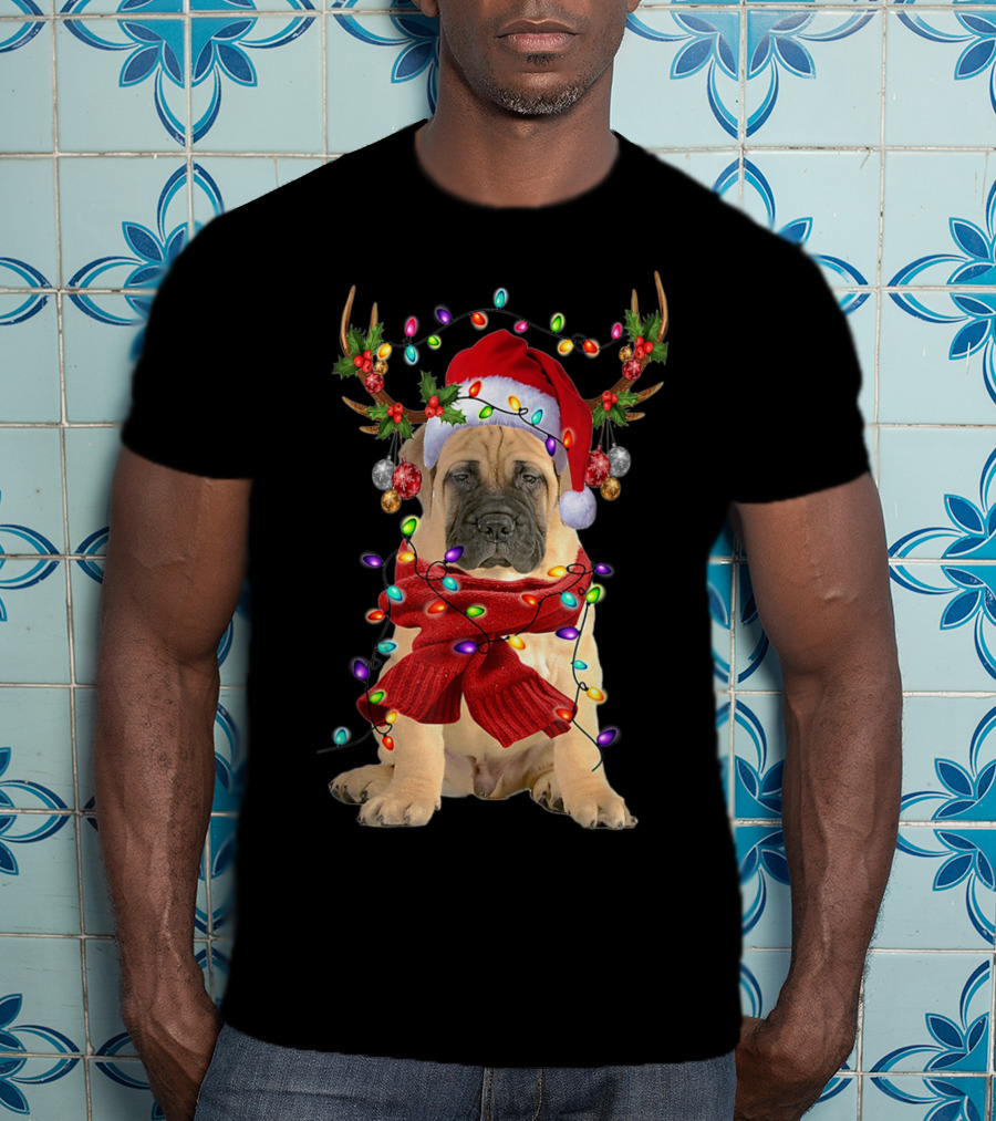 Festive Bull Mastiff Reindeer Lights Christmas Dog T-Shirt