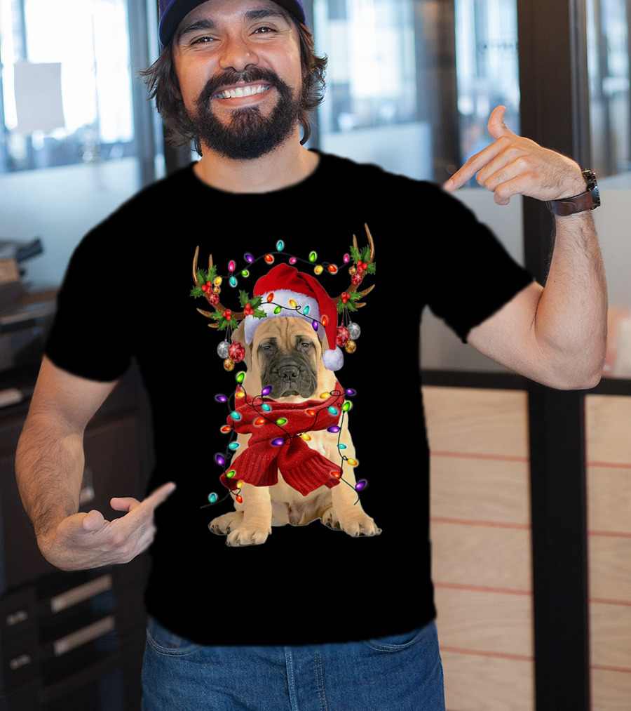 Festive Bull Mastiff Reindeer Lights Christmas Dog T-Shirt