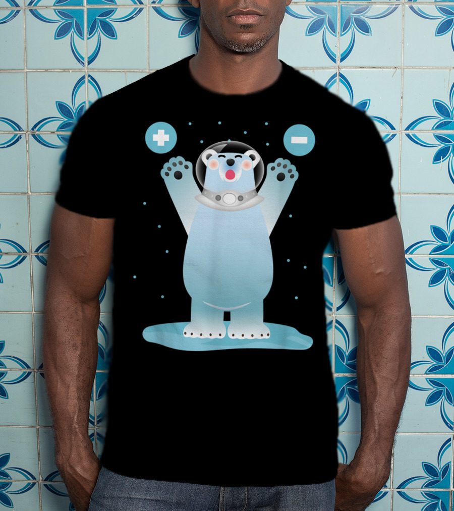 Funny Polar Bear In Space Helmet With Plus And Minus Chemistry Symbols T-Shirt