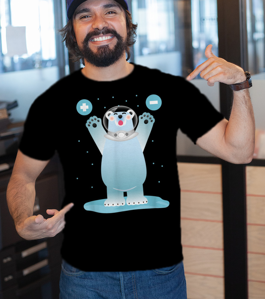 Funny Polar Bear In Space Helmet With Plus And Minus Chemistry Symbols T-Shirt