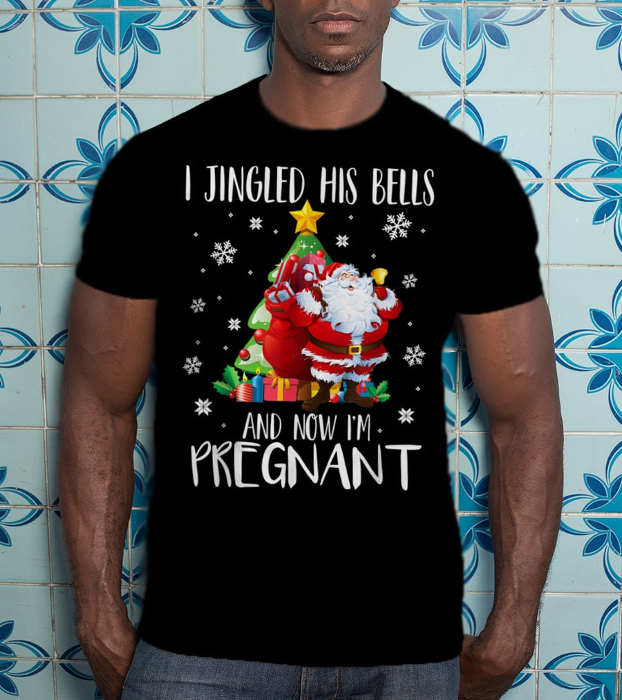I Jingled His Bells Christmas Pregnancy Announcement Santa Snowflakes Tree T-Shirt