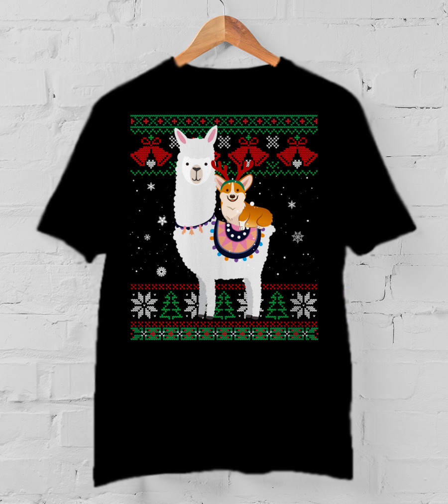 Christmas Corgi Riding Llama With Snowflakes And Reindeer Antlers T-Shirt