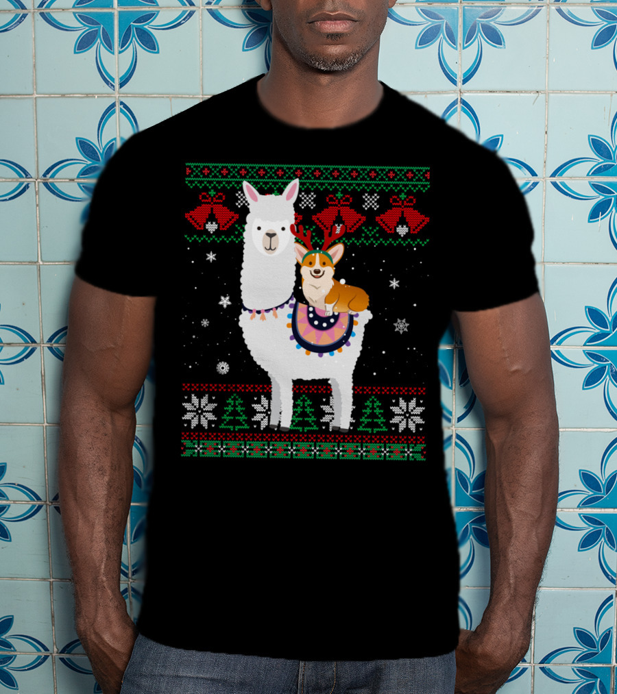 Christmas Corgi Riding Llama With Snowflakes And Reindeer Antlers T-Shirt