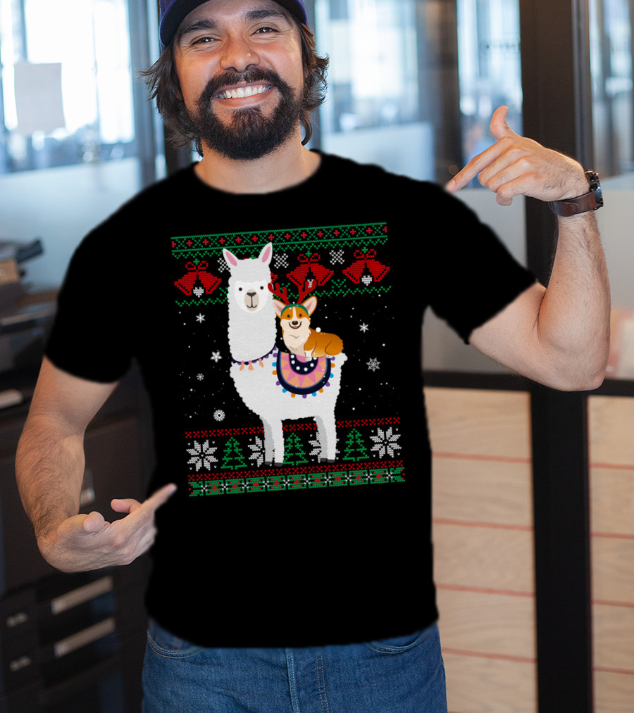 Christmas Corgi Riding Llama With Snowflakes And Reindeer Antlers T-Shirt