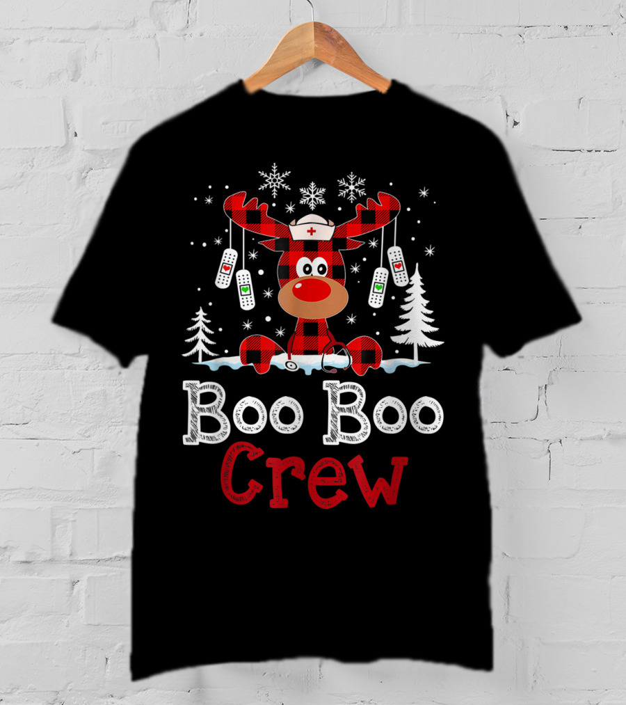 Boo Boo Crew Funny Cute Reindeer Buffalo Plaid T-Shirt
