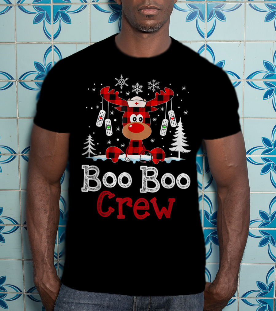 Boo Boo Crew Funny Cute Reindeer Buffalo Plaid T-Shirt