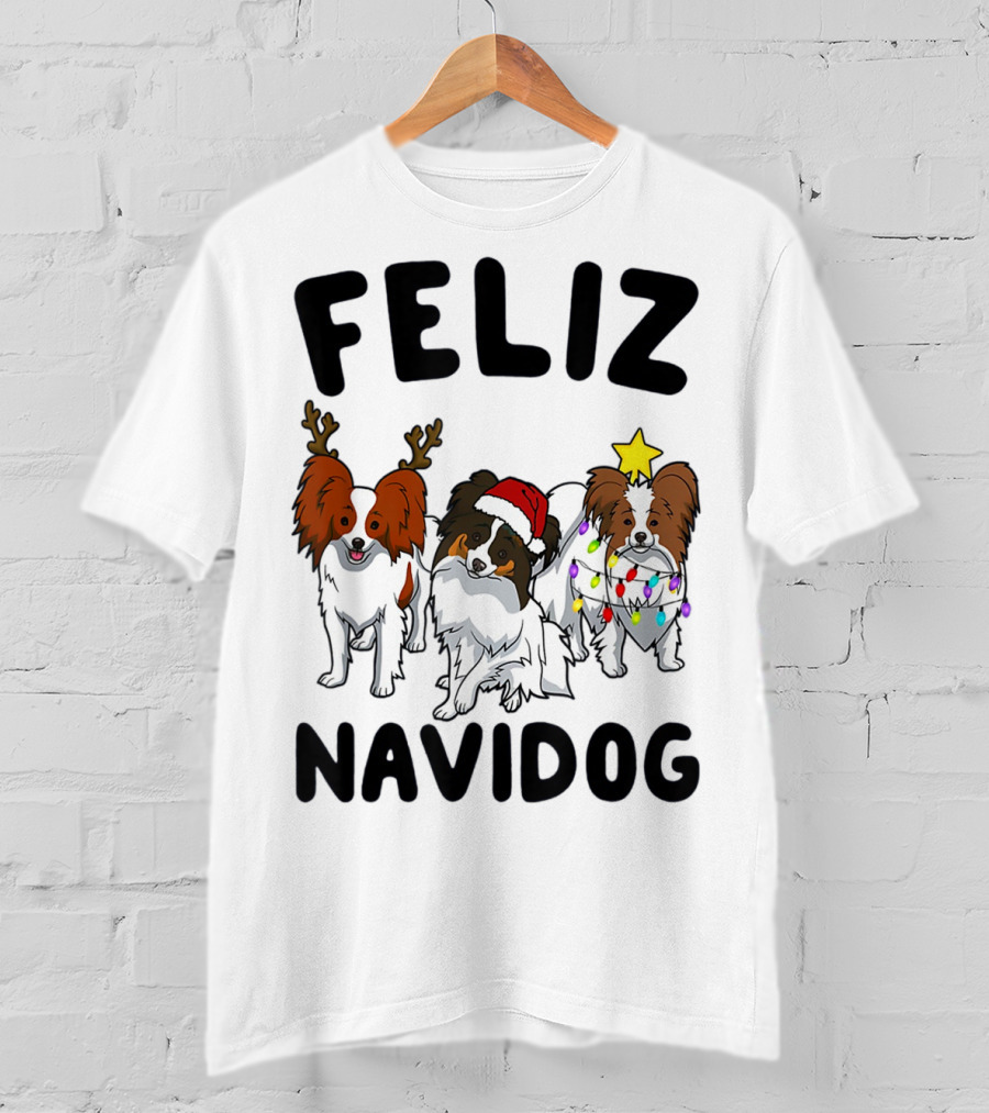 Feliz Navidog Funny Papillon Reindeer Santa Hat Christmas Lights T-Shirt