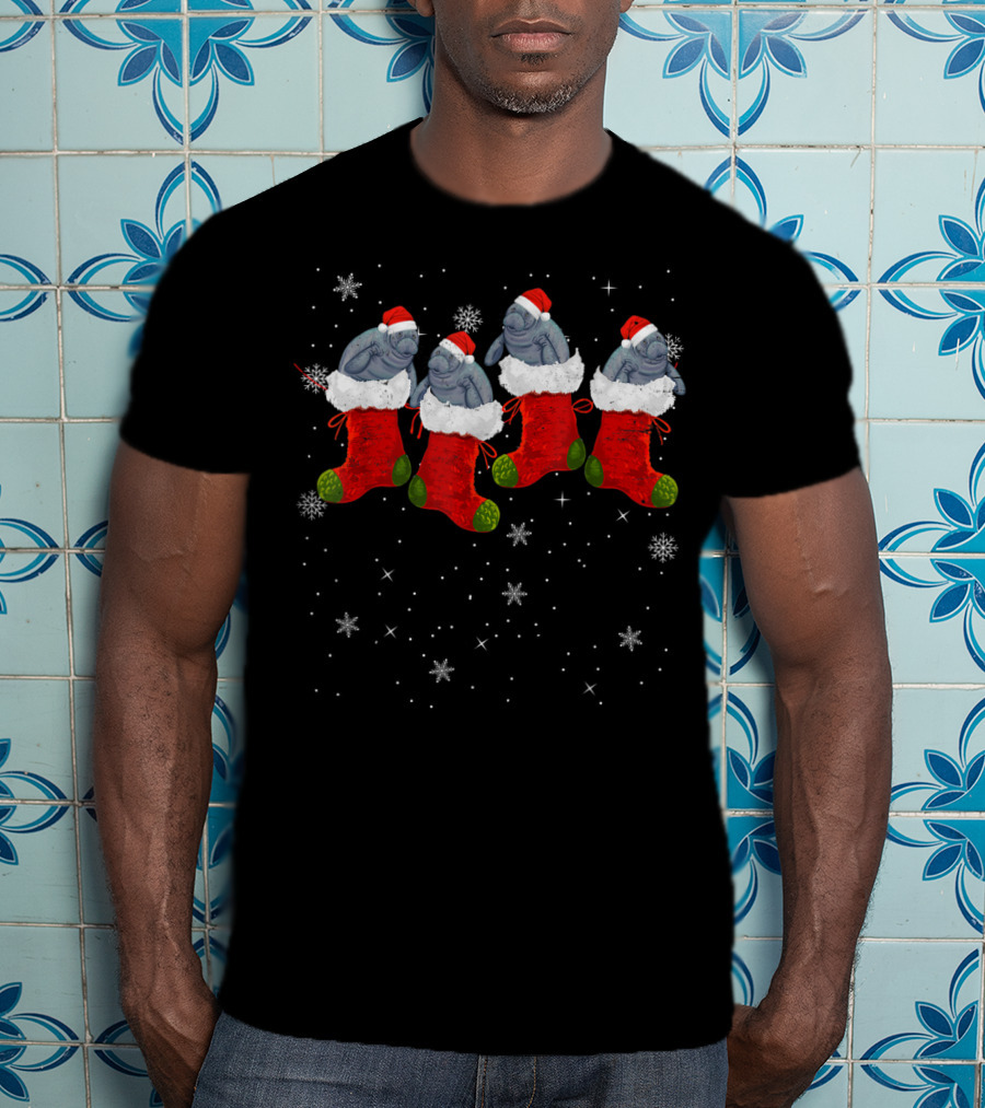Santa Hat Manatees In Christmas Stockings With Snowflakes T-Shirt