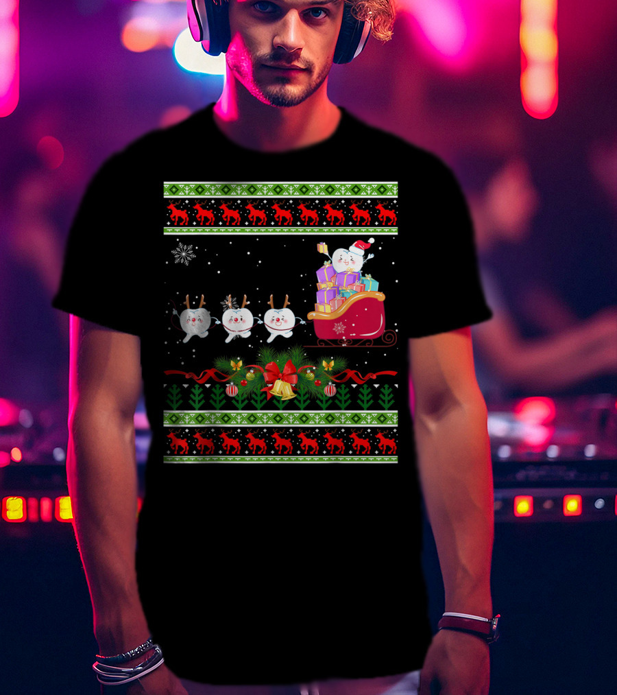 Funny Christmas Tree Dental Snowmen In Santa's Sleigh T-Shirt