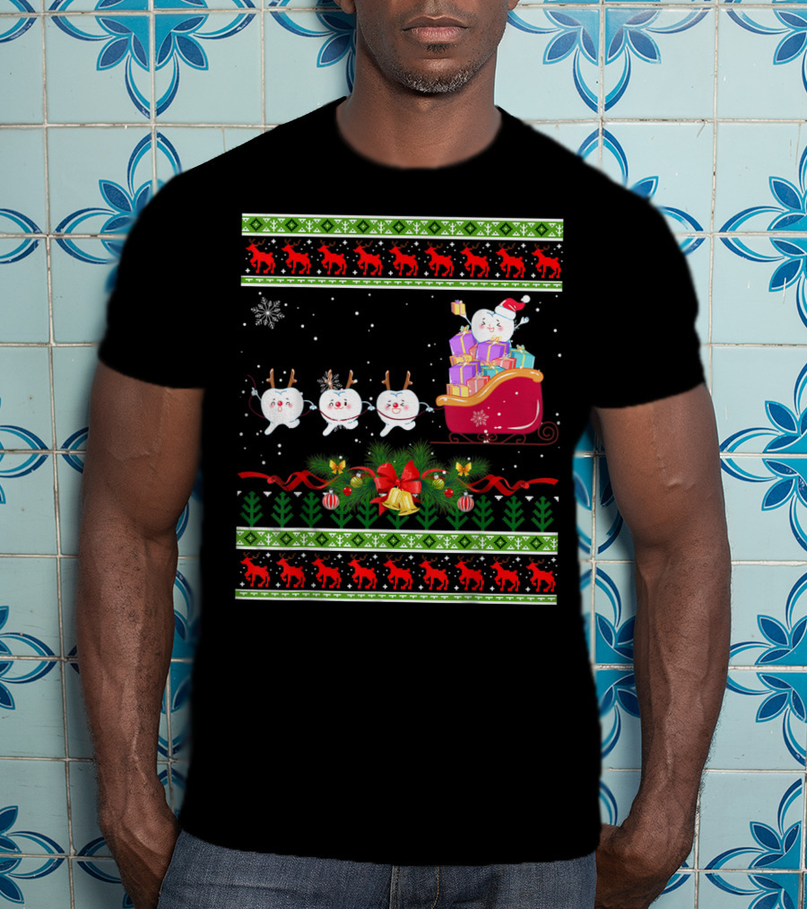 Funny Christmas Tree Dental Snowmen In Santa's Sleigh T-Shirt