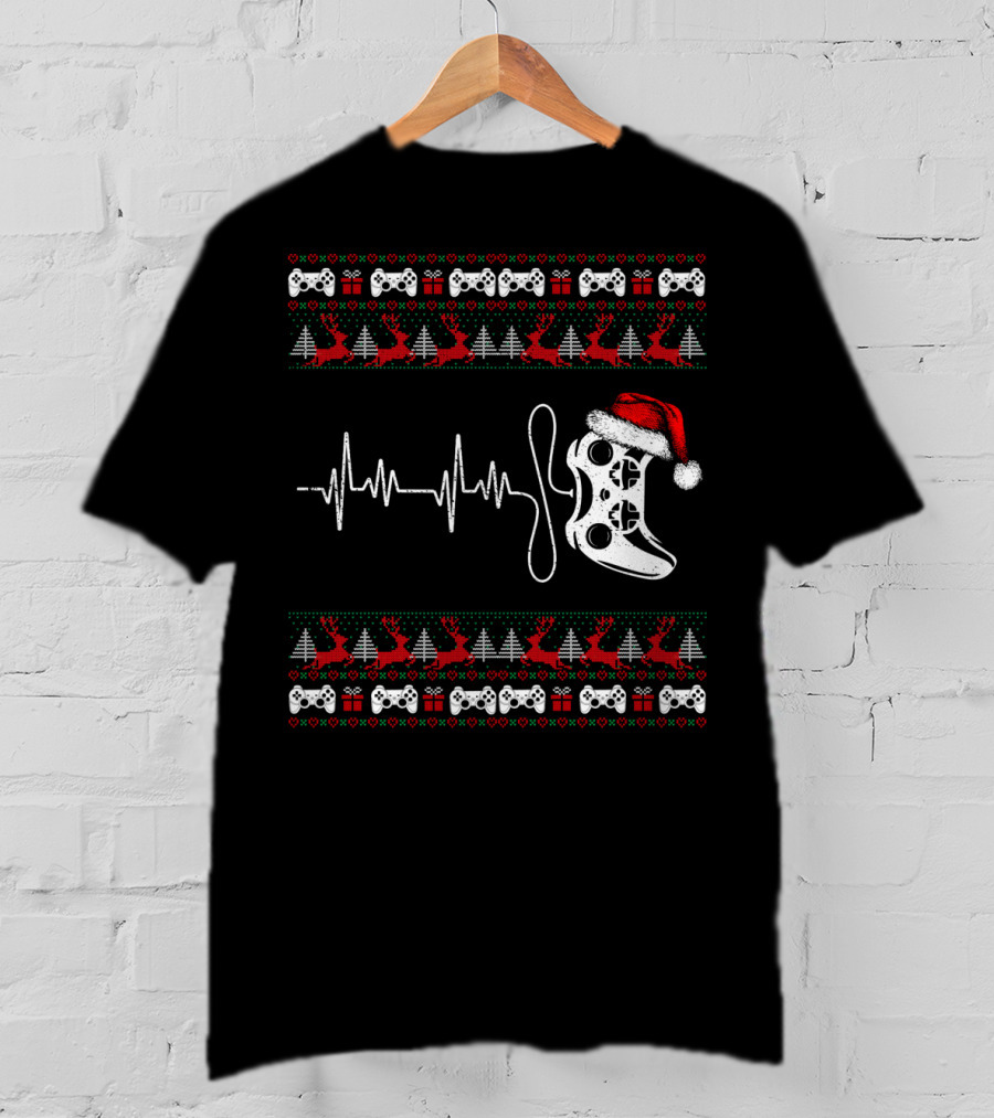 Gamer Heartbeat Christmas Controller Santa Hat Trees Reindeer T-Shirt