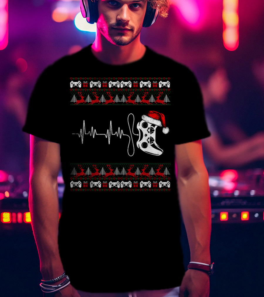 Gamer Heartbeat Christmas Controller Santa Hat Trees Reindeer T-Shirt