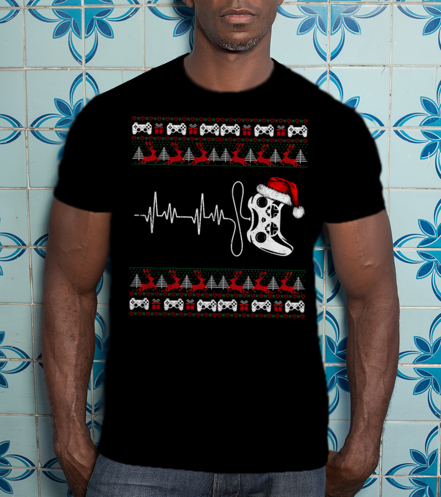 Gamer Heartbeat Christmas Controller Santa Hat Trees Reindeer T-Shirt