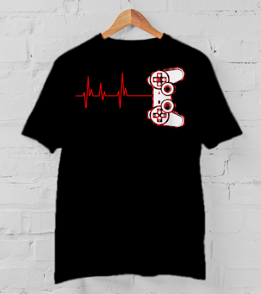 Heartbeat Red Buffalo Plaid Gamer Video Game Controller T-Shirt