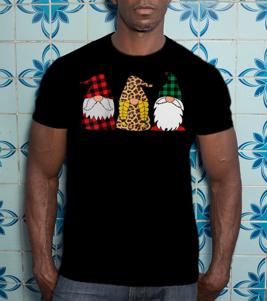 Gnomes Red Plaid Leopard Print Green Plaid T-Shirt